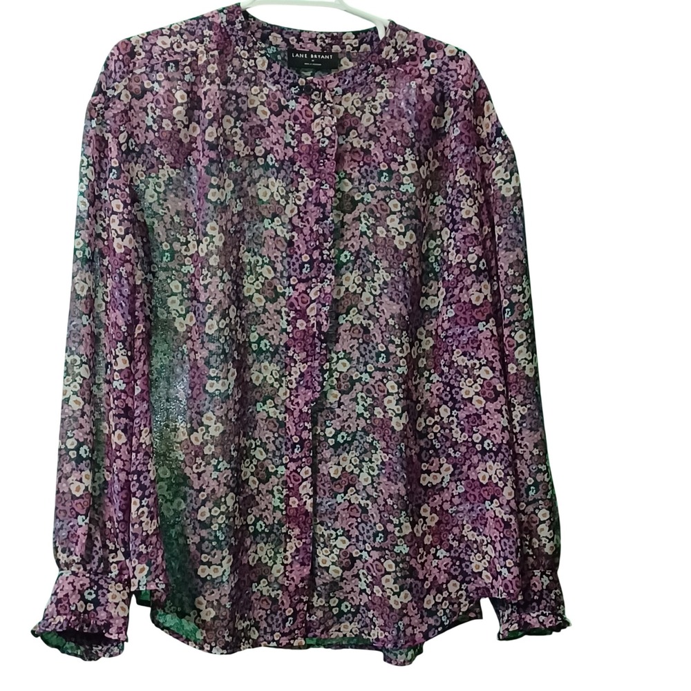 Lane Bryant 18 Purple Floral‎ Blouse Long Sleeve Button Up Band Collar 1137440